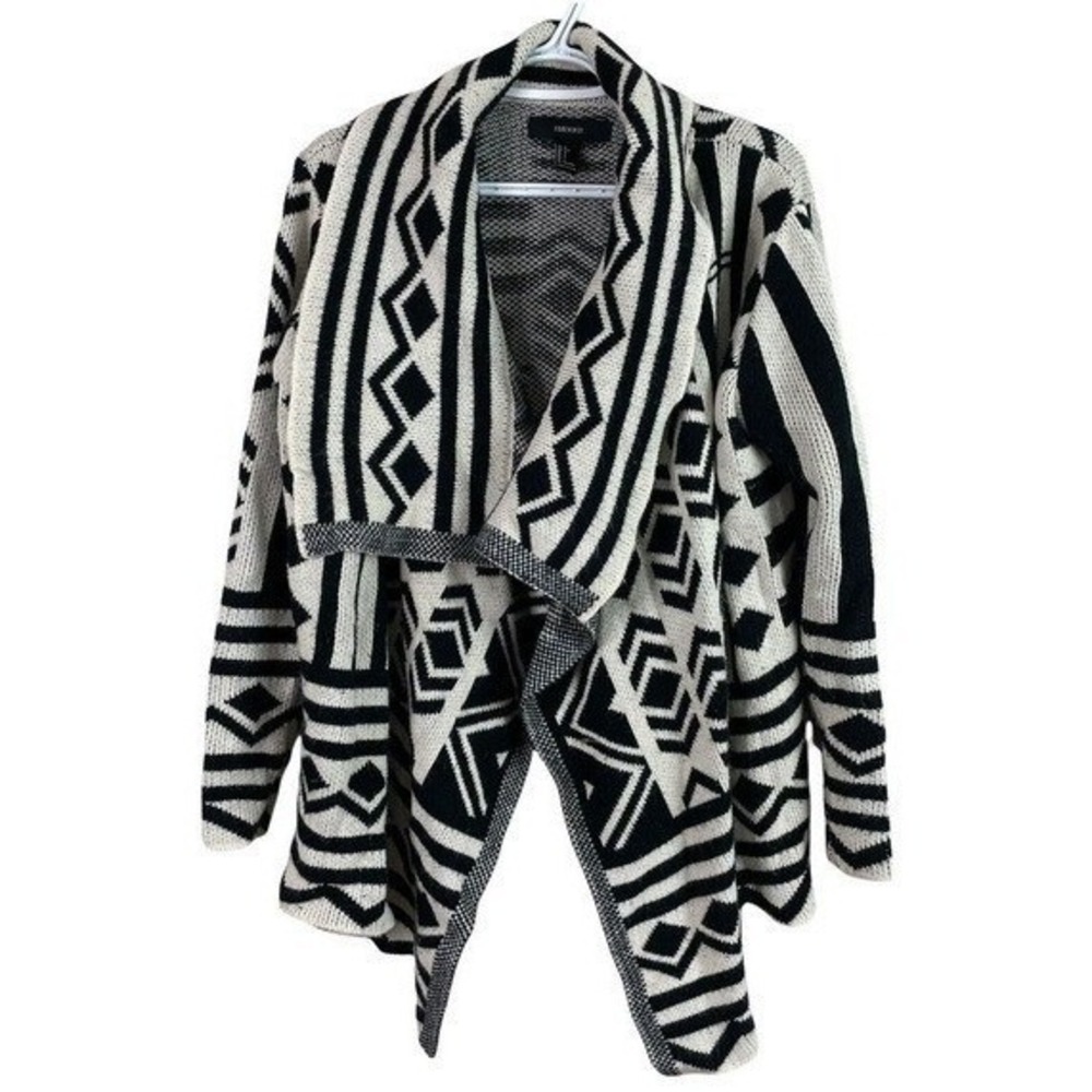 Forever 21 Cardigan Women L Black White Geometric Tribal Open Front Knit